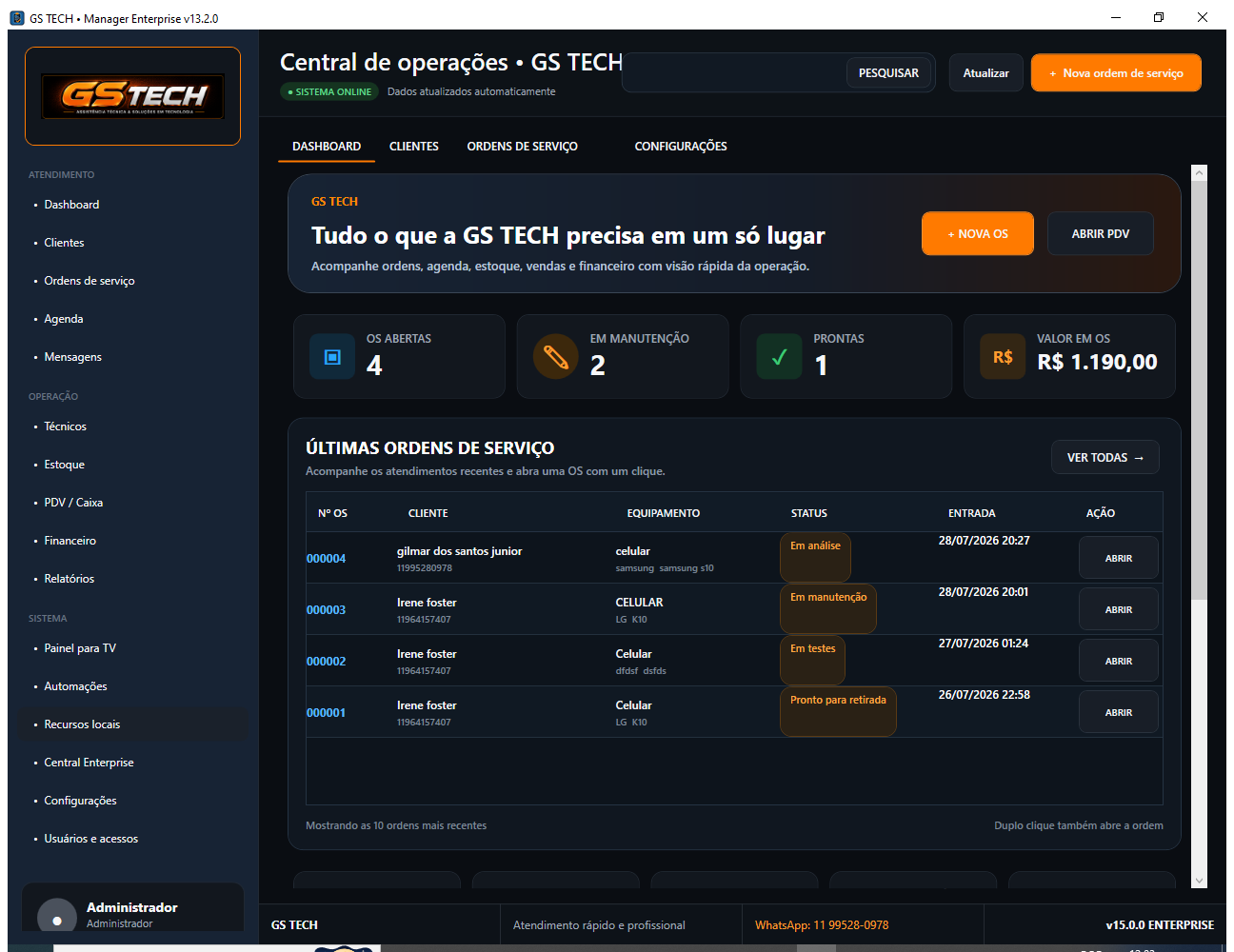 Tela real do GS Tech Manager